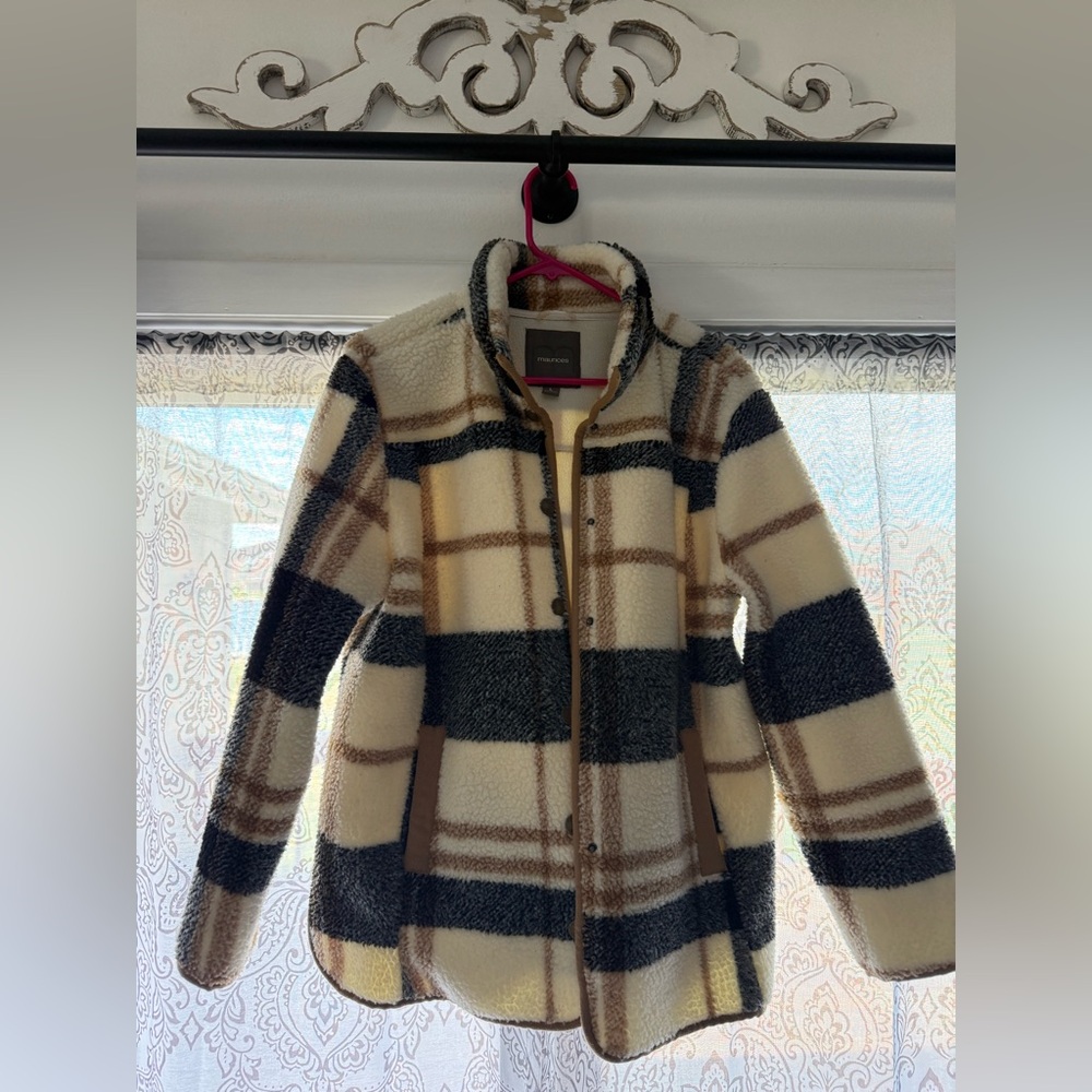 Maurices Plaid Teddy Jacket - Cream, Brown & Navy
